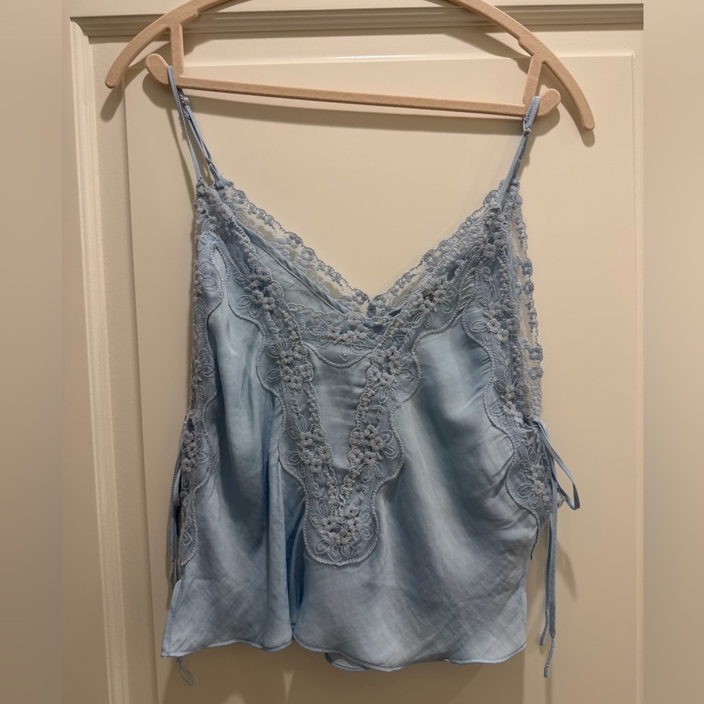 Free People Light Blue Lace Trim Silk Tank